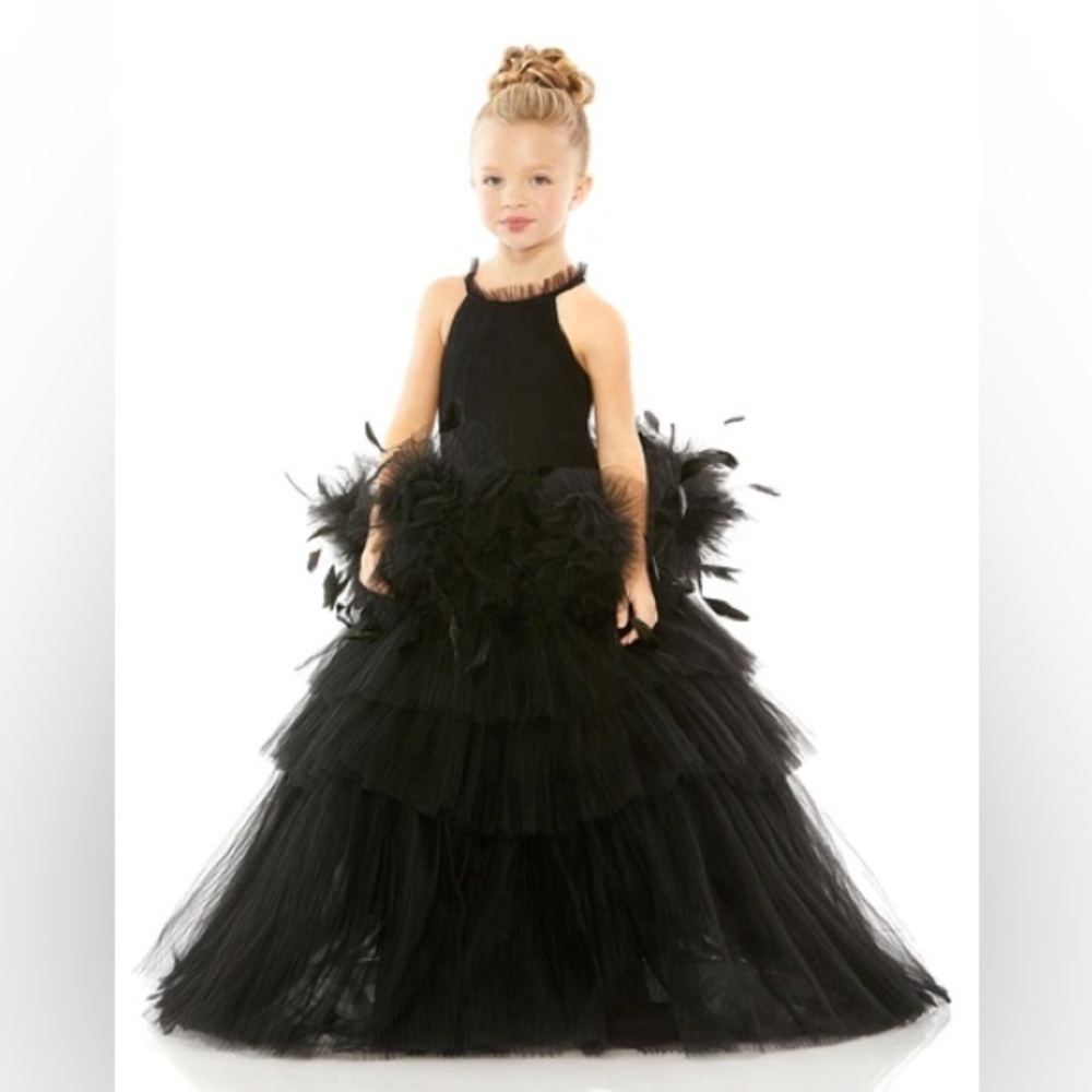 Mac Duggal 20588 Girls High Neck Tulle Dress with Feathers